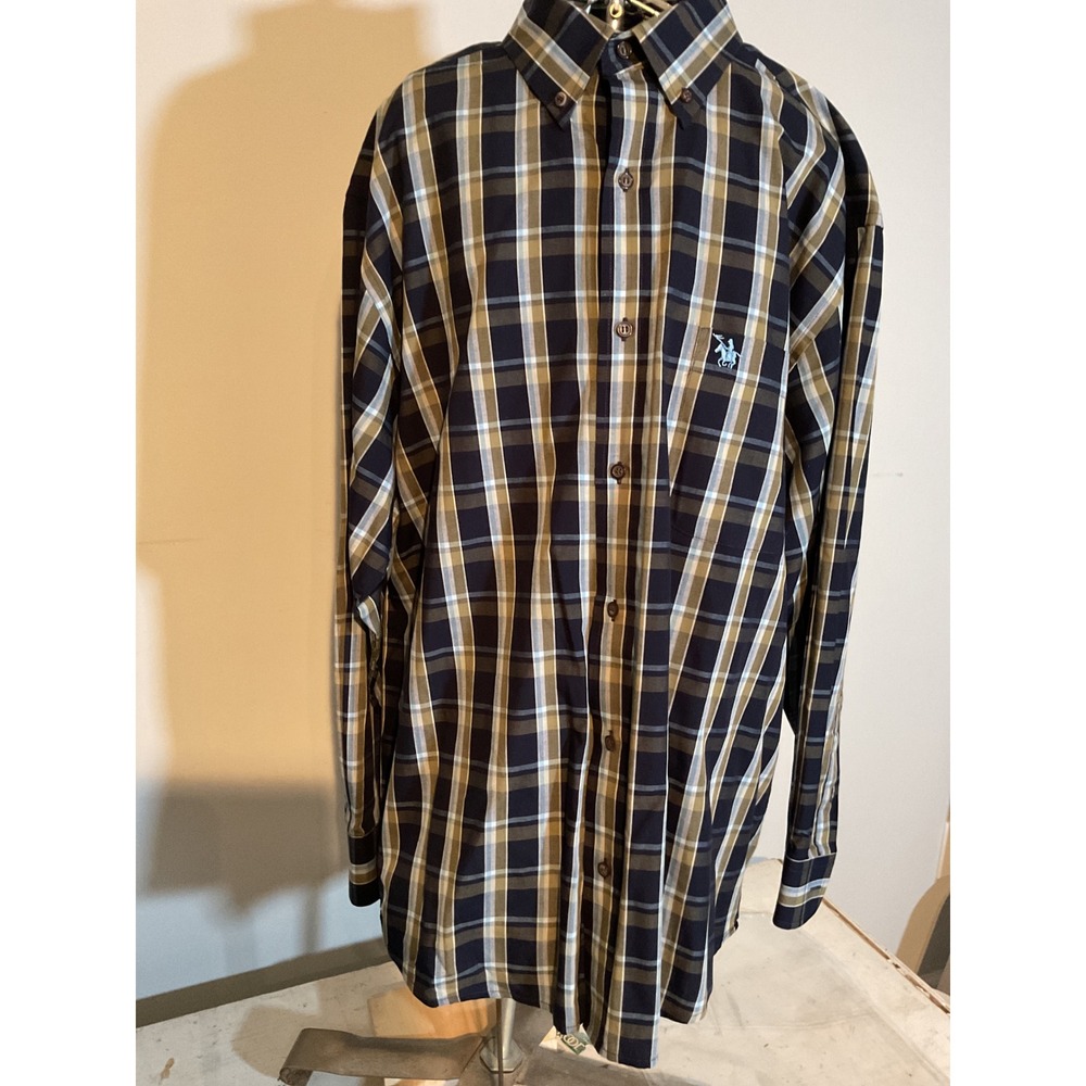 Knights Sportswear Mens Large Plaid Button Down‎ Shirt Navy Blue Tan Long Sleeve